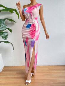 Chiquease Tie Dye Asymmetrical Neck Ruched Split Thigh Dress - Pink - View 5