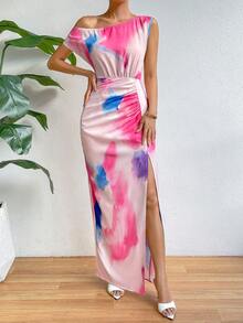 Chiquease Tie Dye Asymmetrical Neck Ruched Split Thigh Dress - Pink - View 6