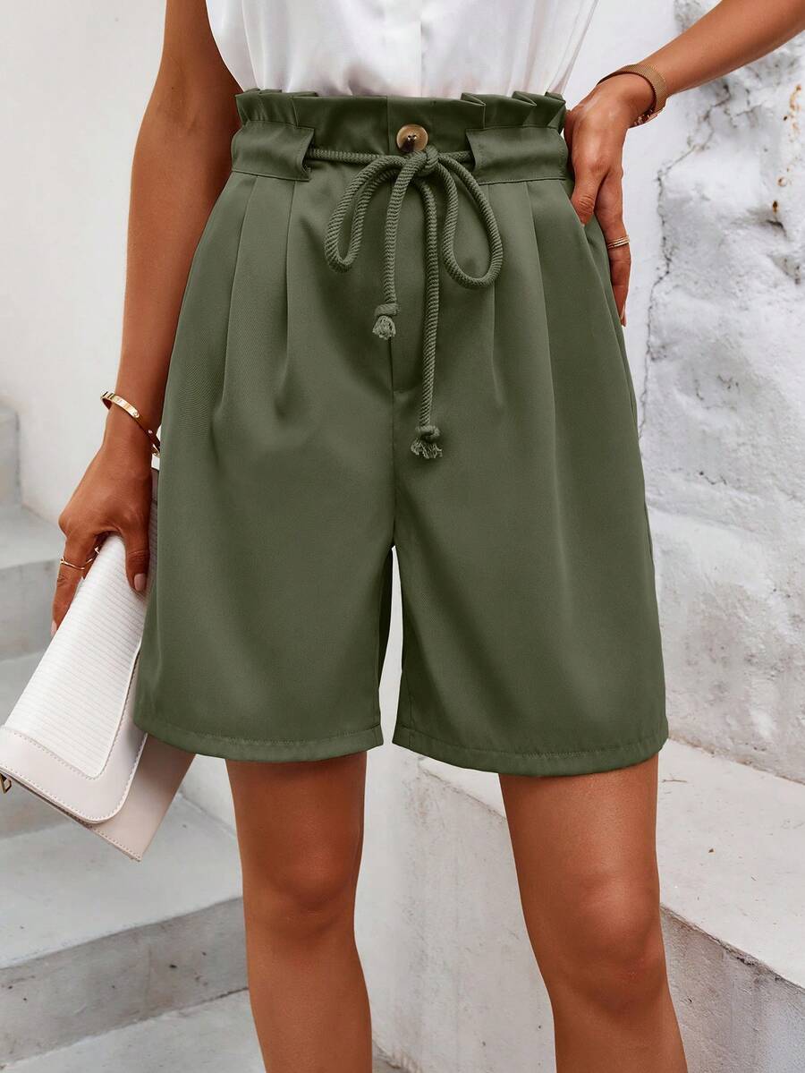 SHEIN LUNE Paperbag Waist Belted Wide Leg Shorts - Army Green - View 1
