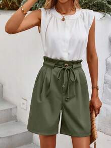 SHEIN LUNE Paperbag Waist Belted Wide Leg Shorts - Army Green - View 6
