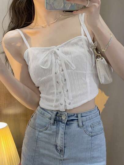 素色前繫帶吊帶上衣