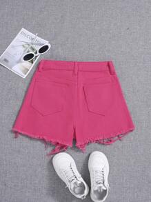 SHEIN 青少年女孩破洞毛邊牛仔短褲 - 玫紅色 - 查看 2