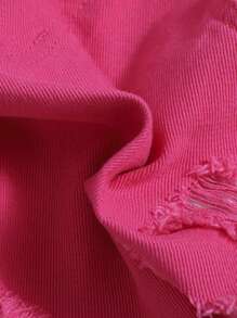 SHEIN 青少年女孩破洞毛邊牛仔短褲 - 玫紅色 - 查看 3