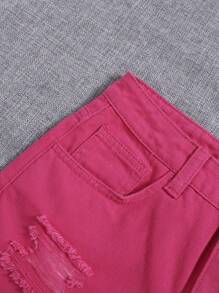 SHEIN 青少年女孩破洞毛邊牛仔短褲 - 玫紅色 - 查看 5