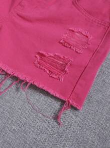SHEIN 青少年女孩破洞毛邊牛仔短褲 - 玫紅色 - 查看 6