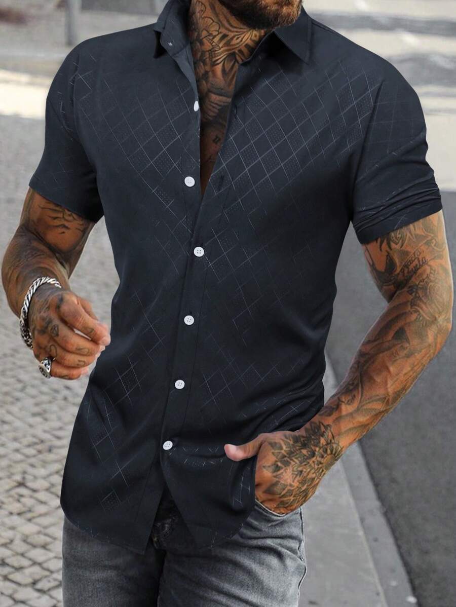 Manfinity Homme Men Argyle Print Shirt, Men's Short Sleeve Button Ups, Casual Men Shirts, Men Shirts Geometric Print, Men Shirts - Navy Blue - View 1