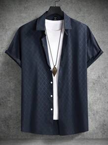 Manfinity Homme Men Argyle Print Shirt, Men's Short Sleeve Button Ups, Casual Men Shirts, Men Shirts Geometric Print, Men Shirts - Navy Blue - View 2