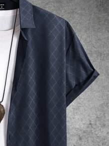 Manfinity Homme Men Argyle Print Shirt, Men's Short Sleeve Button Ups, Casual Men Shirts, Men Shirts Geometric Print, Men Shirts - Navy Blue - View 4