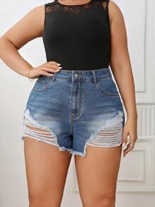 SHEIN Plus Ripped Raw Hem Denim Shorts - Medium Wash - View 1