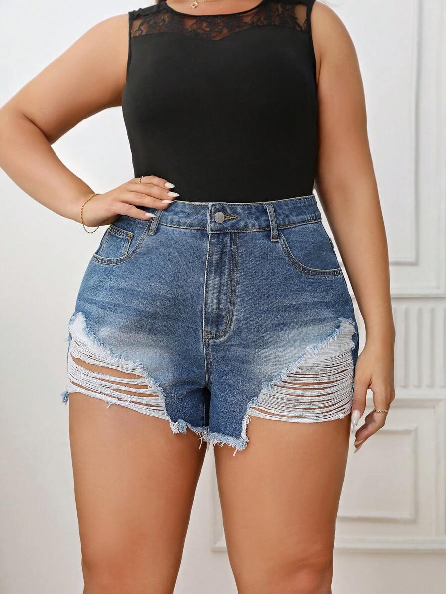 SHEIN Plus Ripped Raw Hem Denim Shorts - Medium Wash - View 1