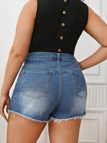 SHEIN Plus Ripped Raw Hem Denim Shorts - Medium Wash - View 2