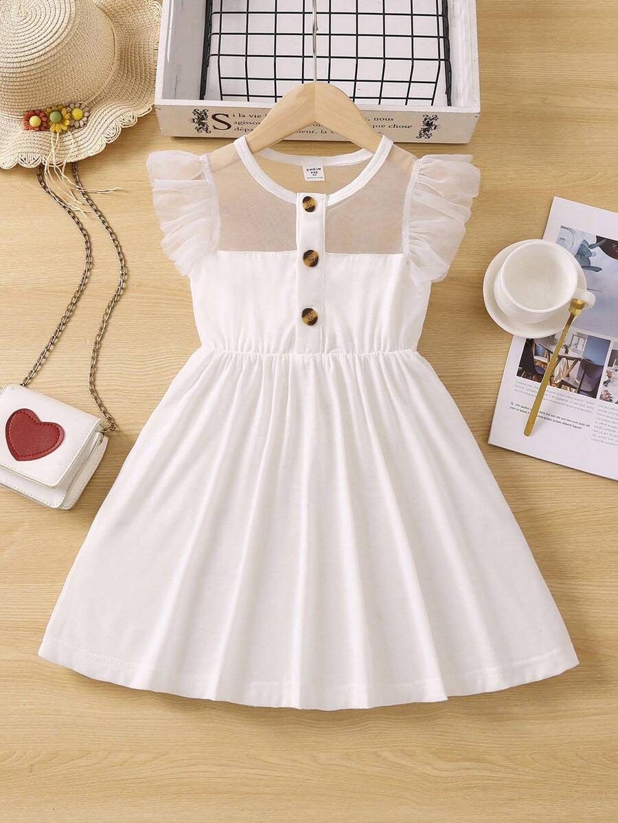 SHEIN Chica Joven Vestido de malla en contraste ribete con fruncido - Blanco - Ver 1