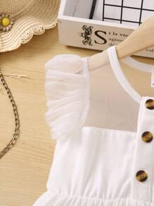 SHEIN Chica Joven Vestido de malla en contraste ribete con fruncido - Blanco - Ver 3