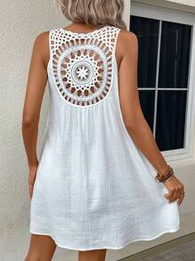 SHEIN VCAY 素色拼接水溶蕾絲背心洋裝 - 白色 - 查看 1