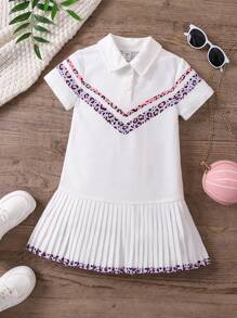 SHEIN 女小童豹紋印花百褶下擺Polo領連衣裙 - 白色 - 查看 1