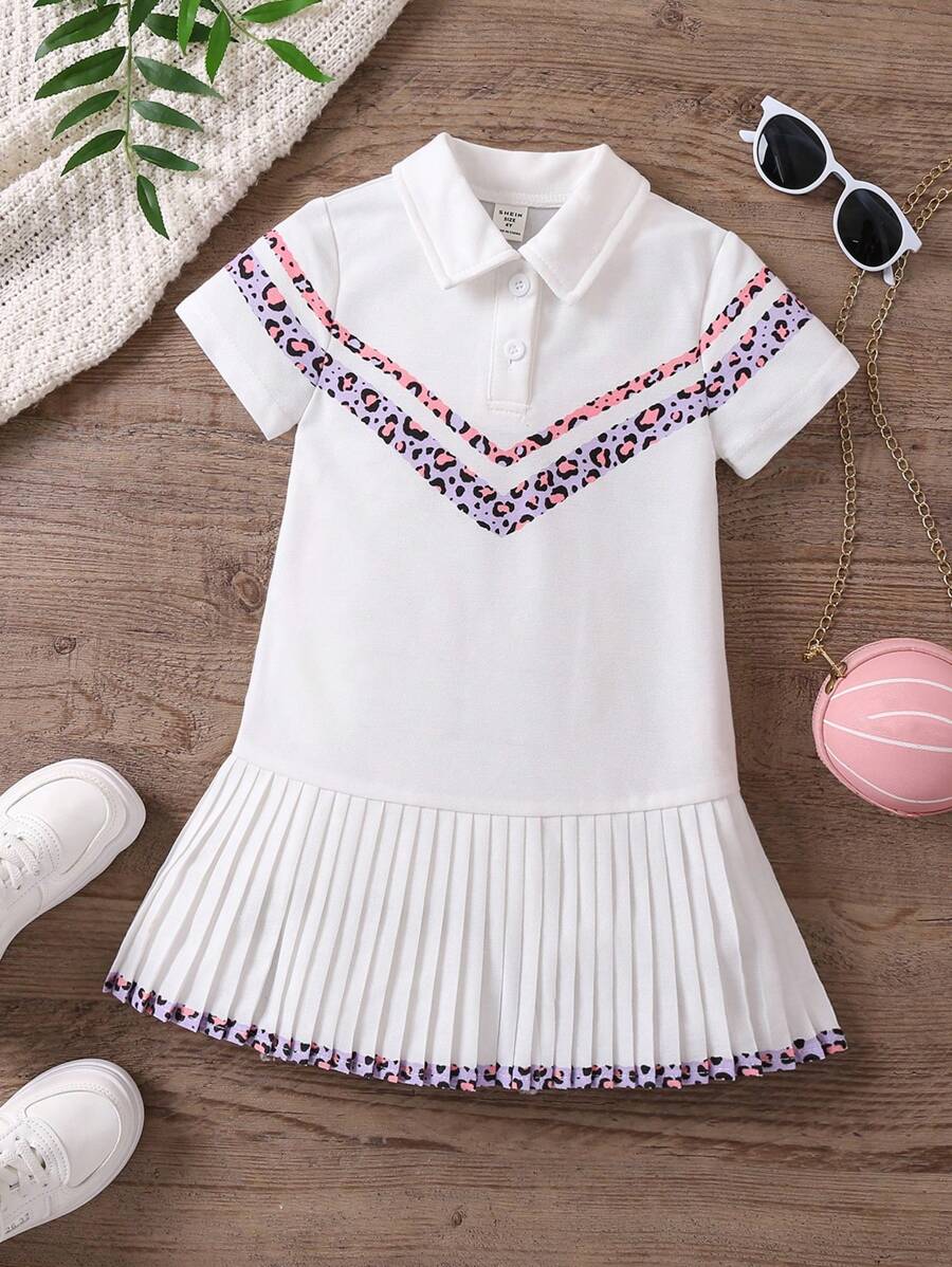 SHEIN 女小童豹紋印花百褶下擺Polo領連衣裙 - 白色 - 查看 1