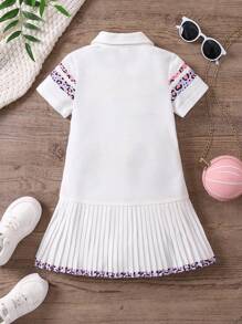 SHEIN 女小童豹紋印花百褶下擺Polo領連衣裙 - 白色 - 查看 2