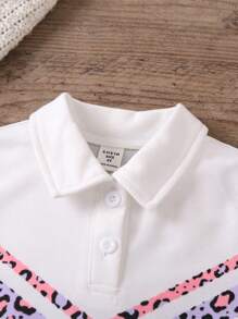 SHEIN 女小童豹紋印花百褶下擺Polo領連衣裙 - 白色 - 查看 3