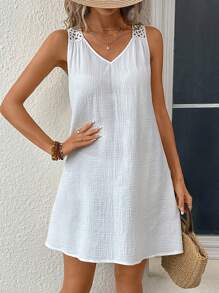 SHEIN VCAY 素色拼接水溶蕾絲背心洋裝 - 白色 - 查看 4