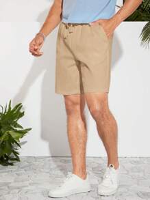 Manfinity VCAY 男士素色腰部抽繩短褲 - 卡其色 - 查看 4