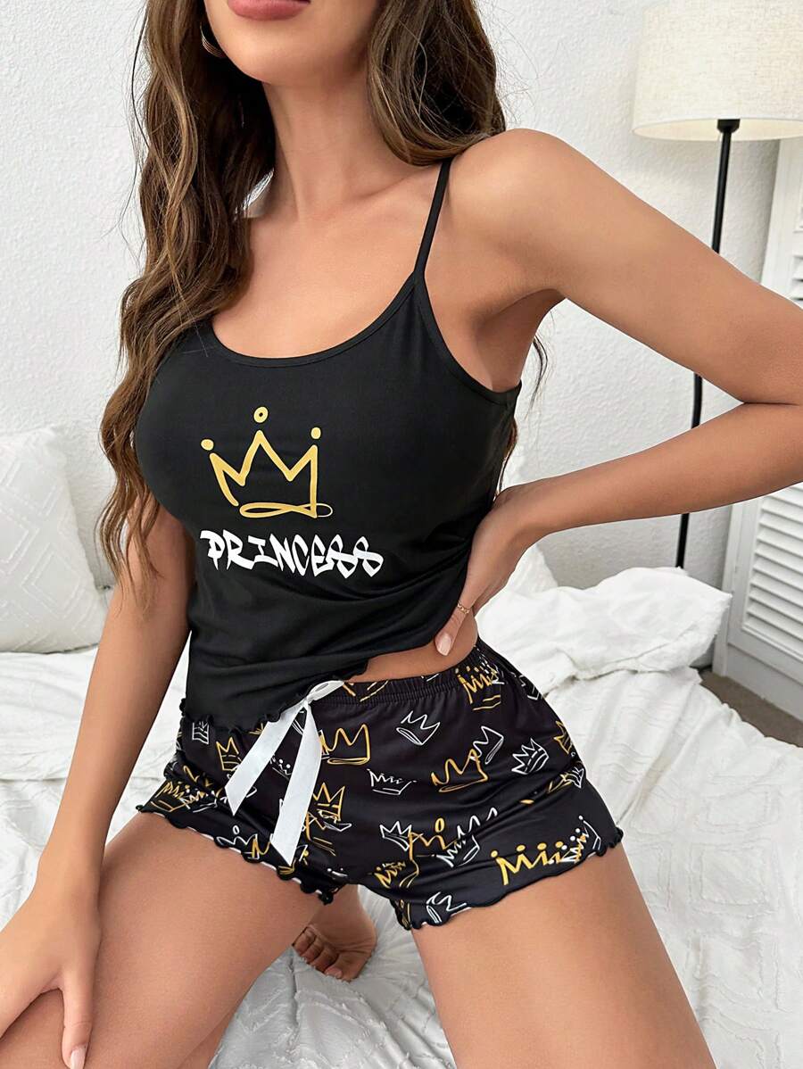 Letter Graphic Cami Top & Shorts PJ Set / Pajama Set - Black - View 1