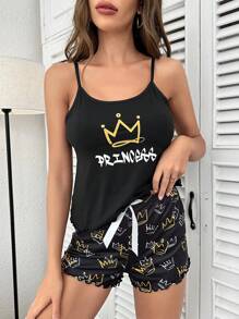 Letter Graphic Cami Top & Shorts PJ Set / Pajama Set - Black - View 4