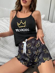 Letter Graphic Cami Top & Shorts PJ Set / Pajama Set - Black - View 6