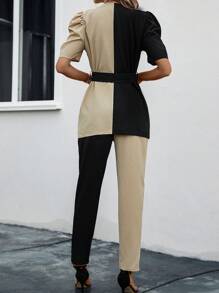 SHEIN Clasi 雙色泡泡袖腰帶外套和褲子 - 彩色 - 查看 3