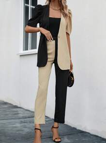 SHEIN Clasi 雙色泡泡袖腰帶外套和褲子 - 彩色 - 查看 1