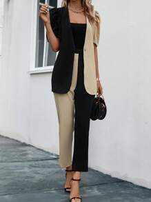 SHEIN Clasi 雙色泡泡袖腰帶外套和褲子 - 彩色 - 查看 5