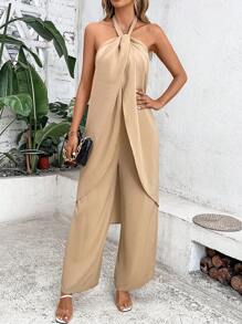 Breezaya Top halter unicolor & Pantalones de pierna ancha - Caqui - Ver 2