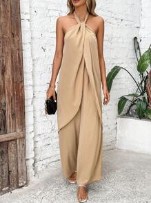 Breezaya Top halter unicolor & Pantalones de pierna ancha - Caqui - Ver 4