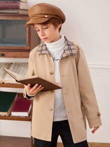 SHEIN Tween Boys' British Style Plaid Long Trench Coat - Khaki - View 1