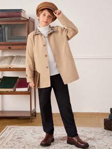SHEIN Tween Boys' British Style Plaid Long Trench Coat - Khaki - View 3