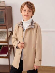 SHEIN Tween Boys' British Style Plaid Long Trench Coat - Khaki - View 4