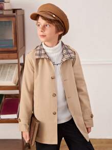 SHEIN Tween Boys' British Style Plaid Long Trench Coat - Khaki - View 5