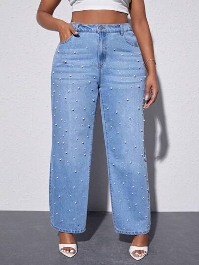 SHEIN Talla grande Jeans de talle alto con cuenta de perla de pierna ancha