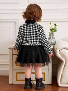 SHEIN Baby Girl Houndstooth Print Jacket & Mesh Overlay Bow Front Dress - Black and White - View 3