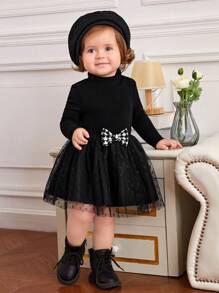 SHEIN Baby Girl Houndstooth Print Jacket & Mesh Overlay Bow Front Dress - Black and White - View 4