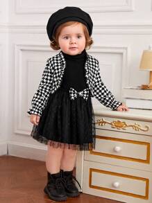 SHEIN Baby Girl Houndstooth Print Jacket & Mesh Overlay Bow Front Dress - Black and White - View 5