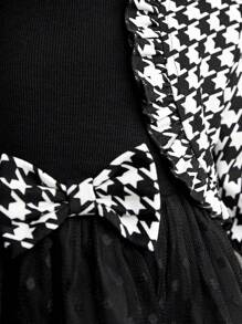 SHEIN Baby Girl Houndstooth Print Jacket & Mesh Overlay Bow Front Dress - Black and White - View 6