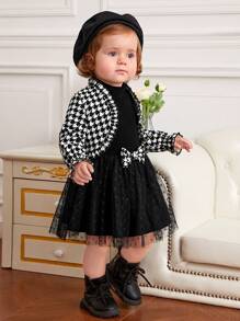 SHEIN Baby Girl Houndstooth Print Jacket & Mesh Overlay Bow Front Dress - Black and White - View 7