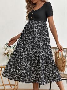 SHEIN Thai sản In hoa Ditsy Chi tiết Nút Đầm - màu đen - Xem 3