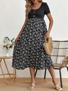 SHEIN Thai sản In hoa Ditsy Chi tiết Nút Đầm - màu đen - Xem 5