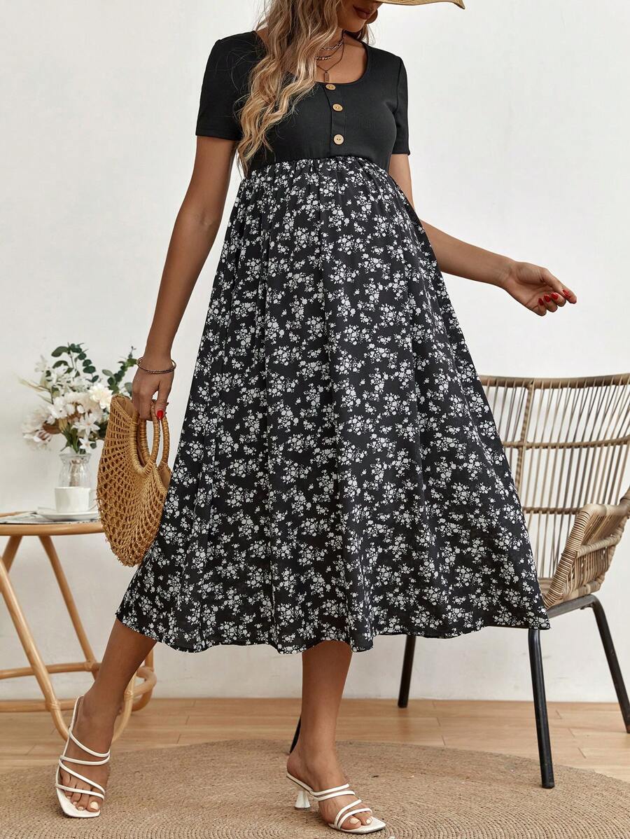 SHEIN Thai sản In hoa Ditsy Chi tiết Nút Đầm - màu đen - Xem 1