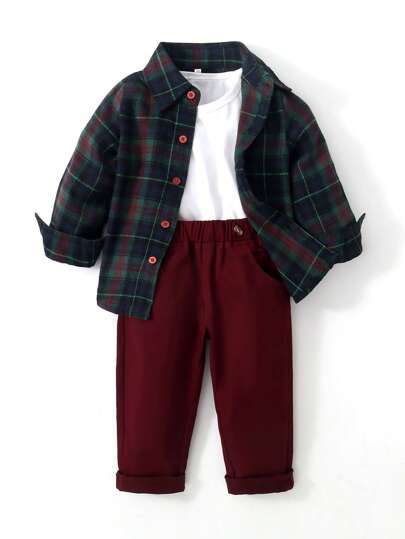 Chico joven Camisa con estampado de cuadros con pantalones sin camiseta