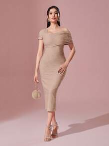 Modelyn Asymmetrical Neck Ruched Side Bodycon Dress
