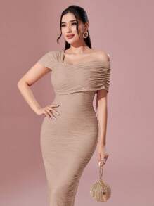 Modelyn Asymmetrical Neck Ruched Side Bodycon Dress