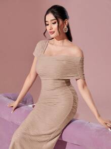 Modelyn Asymmetrical Neck Ruched Side Bodycon Dress