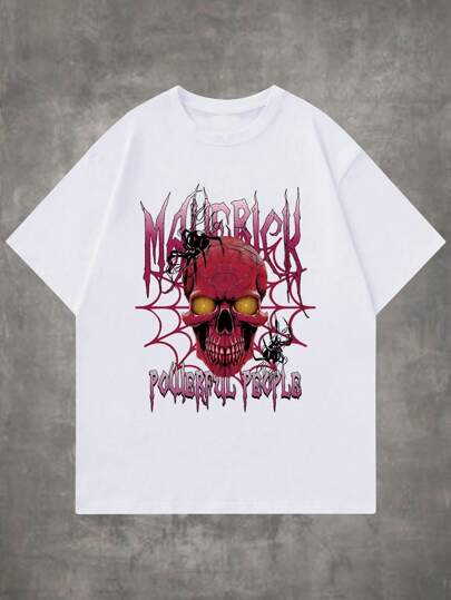 Grunge Punk Guys Skull & Spider Print Tee